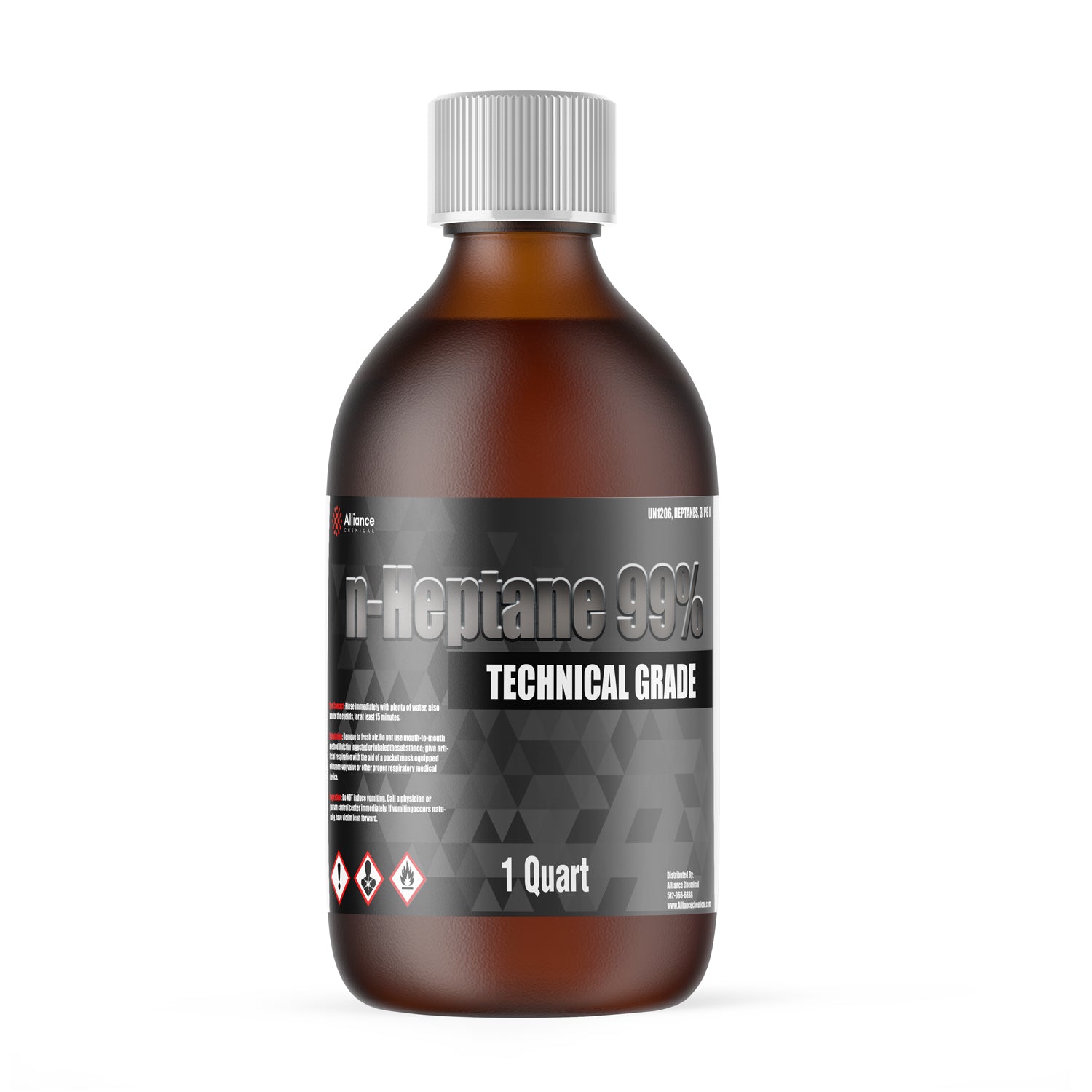 1-quart amber glass bottle of n-Heptane 99% Technical Grade solvent with gray label, hazard pictograms, and child-resistant cap.